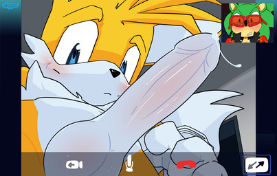 anthro balls blush bodily_fluids close-up clothed clothing cum cum_on_penis cum_string duo erection eyewear fur genital_fluids genitals glasses gloves handwear jacket looking_at_viewer looking_down male male/male nude partially_clothed penis solo_focus teeth topwear video_call young ardidon archie_comics sega skype sonic_the_hedgehog_(archie) sonic_the_hedgehog_(comics) sonic_the_hedgehog_(series) miles_prower scourge_the_hedgehog canid canine eulipotyphlan fox hedgehog mammal