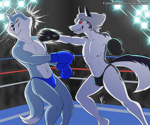 anthro boxing boxing_gloves breasts bulge clothed clothing crossgender duo eyes_closed face_punch femboy fight fighting_ring ftm_crossgender fur hair handwear male nipples open_mouth pecs punch red_sclera smile sport tail teeth thong thong_only topless topless_anthro topless_male underwear underwear_only white_body white_fur denlusty hellaverse helluva_boss illumination_entertainment mythology sing_(movie) loona_(helluva_boss) porsha_crystal canid canid_demon canine canis demon hellhound mammal mythological_canine mythological_creature wolf digital_media_(artwork) hi_res