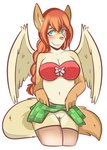 anthro big_breasts big_ears blue_eyes blush bottomwear bra braided_hair braided_ponytail breasts clothed clothing clothing_lift female flashing flashing_pussy fur genitals hair legwear looking_at_viewer navel no_underwear partially_clothed ponytail pussy red_hair skirt skirt_lift smile solo stockings underwear upskirt wings koimii ruby_sahira canid canine fennec_fox fox mammal true_fox 2016