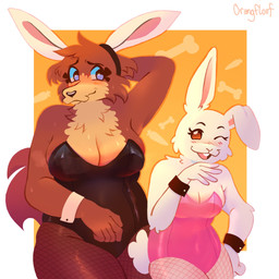 anthro blush blush_lines body_blush breast_blush breasts brown_body brown_fur bunny_costume cleavage clothed clothing costume cuffs_(clothing) duo embarrassed female female/female fishnet_clothing fishnet_legwear fupa fur humanoid_hands leather leather_clothing legwear one_eye_closed overweight white_body white_fur wink orangfloof beastars haru_(beastars) juno_(beastars) canid canine canis lagomorph leporid mammal rabbit wolf 1:1 hi_res