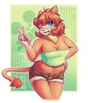 anthro blue_eyes bottomwear breasts brown_hair clothing eyewear female gesture glasses green_eyewear green_glasses hair hand_gesture navel scarf shorts simple_background smile solo tongue tongue_out v_sign articaartes hollow_graham dipodomyine heteromyid kangaroo_rat mammal rodent hi_res