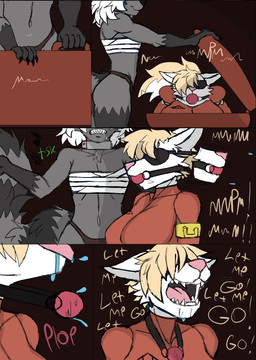 anthro ball_gag bandage bandaged_chest bdsm big_breasts blindfold bodily_fluids bodysuit bondage bound breasts clothed clothing collar container_bondage dialogue duo female female_anthro flat_chested forced fur gag hair markings open_mouth panties saliva skinsuit striped_markings striped_tail stripes suitcase suitcase_bondage tail tail_markings tan_hair teeth text tight_clothing tongue underwear white_body white_fur white_hair butcher_pal victoria_manchester canid canine canis mammal procyonid raccoon wolf 2025 colored comic digital_drawing_(artwork) digital_media_(artwork) english_text hi_res