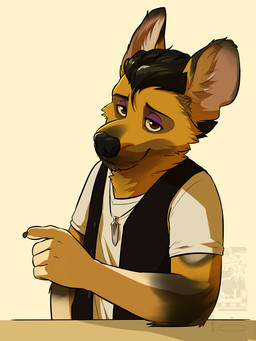 alternative_fashion anthro black_nose claws clothing eyebrows fur gesture greaser hand_gesture jewelry leaning looking_at_viewer male necklace pointing raised_eyebrows red_eyes rockabilly shirt smile solo spots topwear unbuttoned vest yellow_body yellow_fur eclipticafusion animal_crossing nintendo kyle_(animal_crossing) african_wild_dog canid canine mammal 2020 3:4 half-length_portrait hi_res portrait watermark