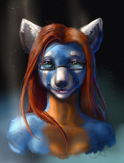 anthro black_nose blue_body blue_fur brown_hair eyelashes eyewear female front_view fur glasses glistening glistening_eyes green_eyes hair long_hair looking_at_viewer nude orange_body orange_fur rectangular_glasses simple_background smile solo white_body white_fur himeragoldtail ailurid mammal red_panda 2017 bust_portrait hi_res portrait