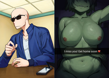 5_fingers anthro areola bald big_breasts blue_clothing blue_jacket blue_topwear breasts caption cellphone clothing curvy_figure disability duo electronics eyewear female fingers front_view glistening glistening_body glistening_scales green_body green_hair green_scales hair huge_breasts jacket light-skinned_male light_body light_skin male male_human navel nipples nude nude_anthro nude_female paraplegic phone scales selfie sexting sharp_teeth short_hair smartphone sunglasses teeth text texting thick_thighs topwear vehicle voluptuous voluptuous_anthro voluptuous_female wheelchair wide_hipped_anthro wide_hipped_female wide_hips zomboyaku cavemanon_studios i_wani_hug_that_gator inco_(iwhtg) olivia_halford baryonyx dinosaur human mammal prehistoric_species reptile saurischian scalie spinosaurid theropod 2025 absurd_res digital_drawing_(artwork) digital_media_(artwork) english_text hi_res
