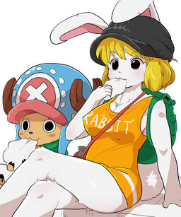 :3 anthro antlers backpack blonde_hair blush breasts brown_body brown_fur candy cleavage clothed clothing cotton_candy crossed_legs dessert dress duo eating eyelashes female food fur hair hat headgear headwear horn male orange_clothing orange_dress sitting white_body white_fur young dagasi one_piece carrot_(one_piece) tony_tony_chopper deer lagomorph leporid mammal minkmen_(one_piece) new_world_deer rabbit reindeer 5:6 hi_res