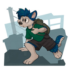 anthro backpack bottomwear city clothing exploring eyewear glasses male shorts solo walking young koidelcoyote konn_husky canid canine canis domestic_dog husky mammal nordic_sled_dog spitz 1:1 absurd_res hi_res