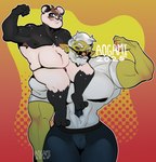 anthro armpit_hair black_body black_fur blue_eyes blush body_hair brown_hair bulge duo fur green_body green_skin hair male male/male musclegut muscular overweight overweight_male pecs purple_eyes white_body white_fur white_hair aogamii azure_(pupblueslut) torug_(pupblueslut) bear giant_panda mammal orc absurd_res hi_res