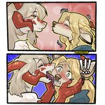 alternate_species anthro black_claws blonde_hair blue_clothing blue_topwear blush cheek_lick claws clothed clothing duo eyebrows eyelashes eyes_closed face_grab face_lick finger_claws furrification green_eyes hair horn licking licking_another pupils red_arms red_body red_fingers red_hands red_horn red_scales scales side_view tongue topwear white_pupils praquina delicious_in_dungeon mythology falin_touden marcille_donato deer dragon mammal mythological_creature mythological_scalie scalie 1:1 hi_res