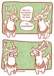 ambiguous_gender antlers bell border dialogue duo ellipsis feral frown fur green_background harness holidays horn humor looking_at_another muzzle_(object) open_mouth simple_background smile talking_to_another text tuft two_frame_image two_frame_sequence white_border sennamatic bro_visited_his_friend christmas deer mammal new_world_deer reindeer 2024 comic english_text hi_res meme multiple_scenes restricted_palette