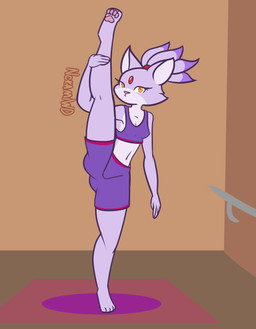 4_toes anthro athletic_wear barefoot breasts feet female fur looking_at_viewer pawpads paws pink_pawpads purple_body purple_fur raised_leg simple_background slim small_breasts soles solo toes yellow_eyes nokamiwd sega sonic_the_hedgehog_(series) blaze_the_cat domestic_cat felid feline felis mammal absurd_res hi_res