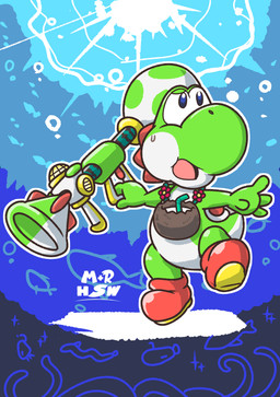 4_fingers accessories_only anthro beverage blue_eyes bodily_fluids chubby_cheeks clothing coconut coconut_drink conjoined_eyes drinking_straw drupe_(fruit) featureless_crotch fingers flower_necklace food footwear fruit green_body green_skin green_tail holding_object holding_ranged_weapon holding_rocket_launcher holding_weapon jewelry lidded_eyes light logo looking_up male multicolored_body multicolored_skin necklace nervous nervous_sweat open_mouth outline pink_tongue plant ranged_weapon red_clothing red_footwear red_shell red_shoes red_spines rocket_launcher shell shoes solo straight_arms sweat tail tongue two_tone_body two_tone_skin two_tone_tail underwater water weapon white_body white_outline white_skin white_tail charisuke hungry_shark_(series) hungry_shark_world mario_bros mario_plus_rabbids_kingdom_battle nintendo raving_rabbids rayman_(series) ubisoft yoshi_(character) green_yoshi yoshi 2023 cel_shading crossover digital_drawing_(artwork) digital_media_(artwork) hi_res japanese_description lighting shaded story story_in_description