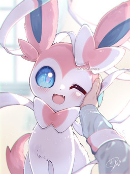 ambiguous_gender blue_body blue_eyes blue_fur blush blush_lines duo feral fur looking_at_viewer one_eye_closed open_mouth pink_body pink_ears pink_fur pink_tail ribbons_(anatomy) solo_focus tail white_body white_fur aroma_choco nintendo pokemon eeveelution generation_6_pokemon human mammal pokemon_(species) sylveon 2025 3:4