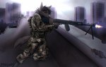 aiming anthro army army_uniform black_body canid canine canis clothed clothing detailed_background gun holding_object holding_weapon light_machine_gun male mammal marksman meosh military ranged_weapon rpk rpkm shooting soldier solo tail warrior weapon wolf