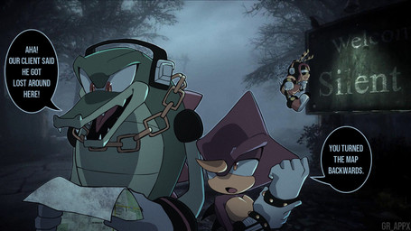 5_fingers anthro biped bracelet clothing dialogue dialogue_box electronics fingers flying gloves green_body group handwear headphones humor jewelry male map open_mouth outside purple_body speech_bubble text tongue trio white_clothing white_gloves white_handwear yellow_chain yellow_eyes gr_appx konami sega silent_hill sonic_the_hedgehog_(series) charmy_bee espio_the_chameleon vector_the_crocodile arthropod bee chameleon crocodilian hymenopteran insect lizard reptile scalie 16:9 2025 artist_name colored digital_drawing_(artwork) digital_media_(artwork) english_text hi_res widescreen