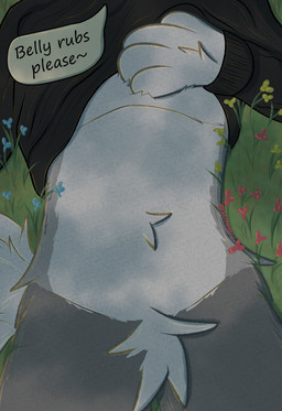 anthro belly clothed clothing clothing_lift flower fur grass grass_field grey_body grey_fur hand_on_chest lying male on_back on_grass on_ground plant presenting requesting shirt shirt_lift solo speech_bubble text topwear 2001maxx conditional_dnp maxx_(2001maxx) canid canine canis domestic_dog husky mammal nordic_sled_dog spitz english_text hi_res