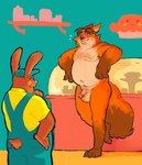 anthro balls belly blush clothing duo genitals male male/male moobs nude orange_body overalls overweight overweight_male penis shirt topwear grosspups disney zootopia gideon_grey stu_hopps canid canine fox lagomorph leporid mammal rabbit red_fox true_fox 2023 hi_res