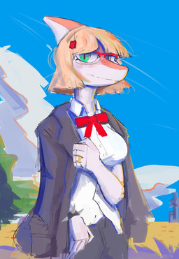 anthro biped blonde_hair blush bone_frill bow_tie breasts clothed clothed_anthro clothed_female clothing cloud collared_shirt day digit_ring dress_shirt female fingers frill_(anatomy) front_view green_eyes grey_clothing grey_jacket grey_topwear hair humanoid_hands jacket jewelry looking_at_viewer looking_down low-angle_view medium_breasts medium_hair non-mammal_breasts open_clothing open_jacket open_topwear outside ring shirt sky smile solo standing topwear wedding_ring white_clothing white_shirt white_topwear theumslayer cavemanon_studios goodbye_volcano_high ko_op_(game_developer) snoot_game naomi_(gvh) dinosaur hadrosaurid ornithischian ornithopod parasaurolophus prehistoric_species reptile scalie 2024 absurd_res colored half-length_portrait hi_res portrait