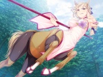 4:3 asian_clothing blonde_hair breasts centaur clothing detailed_background east_asian_clothing equid equid_taur european_mythology female forest greek_mythology hair humanoid_taur japanese_clothing kimono mammal mammal_taur melee_weapon monster_girl_(genre) mythology outside plant polearm quadruped sei_monmusu_gakuen solo staff tail taur tree vanadis weapon