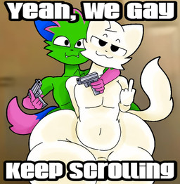 5_fingers anthro duo fingers fur gesture gun hand_gesture huge_thighs male male/male middle_finger multicolored_body multicolored_fur ranged_weapon smug thick_thighs weapon white_body white_fur furu_flami boy_kisser_(meme) nyanwolf yeah_we_gay_keep_scrolling kevin_(nyanwolf) domestic_cat felid feline felis mammal meme