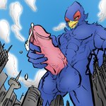 abs anthro balls beak biceps big_balls big_muscles big_penis biped blue_body blue_feathers bodily_fluids city erection feathers genital_fluids genitals holding_penis looming low-angle_view macro male muscular muscular_anthro muscular_male pecs penis precum solo ryeono_kemo nintendo star_fox falco_lombardi avian bird 1:1 absurd_res hi_res