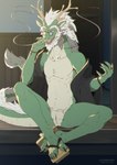 animal_genitalia anthro antlers claws elderly elderly_male genital_slit genitals green_body horn male mature_male solo tail tail_tuft tuft aledonrex mythology dragon eastern_dragon mythological_creature mythological_scalie scalie hi_res