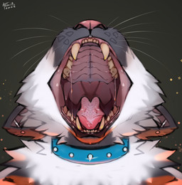 ambiguous_gender anthro blue_collar bodily_fluids cheek_tuft collar ear_piercing ears_back facial_tuft fangs front_view fur grey_body grey_fur industrial_piercing mouth_shot obscured_eyes open_mouth orange_body orange_fur piercing pivoted_ears red_tongue saliva saliva_string simple_background solo tan_teeth teeth tongue tuft white_body white_fur famir felid mammal 2023 bust_portrait dated portrait signature