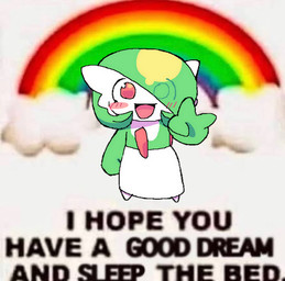 blurred_background blush featureless_feet feet female gesture hair hair_over_eye hand_gesture humanoid_pointy_ears open_mouth open_smile pointy_ears rainbow smile solo text v_sign melfunnysmell nintendo pokemon gaba_(melfunnysmell) gardevoir generation_3_pokemon humanoid pokemon_(species) english_text