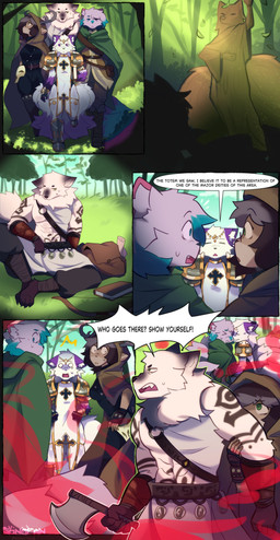 angry anthro antlers armor axe breasts cloak clothed clothed_anthro clothing cuddling detailed_background dialogue effects elemental_manipulation fantasy female femboy fire fire_manipulation fluffy fluffy_tail fur gloves_(marking) green_eyes group heterochromia highlights_(coloring) hood horn looking_scared magic male markings multi_tail muscular muscular_male nervous purple_eyes scared size_difference small_waist smaller_male speech_bubble tail tattoo text sonofan albius_(sandaled_goose) mirande_(deustchy) rook_(rookarino4277) canid canine deer fox mammal absurd_res comic english_text hi_res multiple_scenes