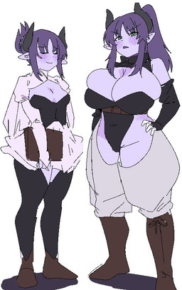 big_breasts bottomwear breasts bulging_breasts cleavage clothed clothing duo female fully_clothed green_eyes hair horn huge_breasts humanoid_pointy_ears legwear leotard oversized_bottomwear oversized_clothing oversized_pants pants pointy_ears purple_body purple_hair skimpy skirt small_breasts thick_thighs thigh_highs wide_hips kugidana demon demon_humanoid humanoid succubus