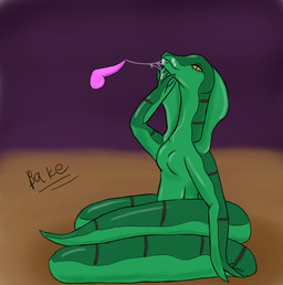 anthro apode bodily_fluids breasts cum cum_in_mouth cum_inside cum_on_face_mask cum_on_hand disembodied_penis duo featureless_breasts female genital_fluids genitals green_body green_scales hand_on_face legless male male/female non-mammal_breasts penis purple_background scales serpentine simple_background sitting sitting_on_ground solo_focus stripes teeth yellow_eyes bake_a_snake draconcopode naga reptile scalie snake digital_media_(artwork) hi_res