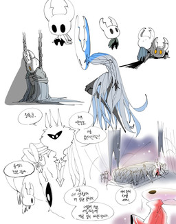 2_horns ambiguous_gender anthro biped black_body black_eyes black_text cloak clothed clothing dialogue empty_eyes fur group holding_melee_weapon holding_object holding_weapon horn looking_at_another melee_weapon nail_(weapon) orange_eyes question_mark red_cloak red_clothing shadow shoulder_pads speech_bubble talking_to_another text weapon wings du_dang hollow_knight_(franchise) team_cherry hollow_knight_(character) hornet_(hollow_knight) radiance_(hollow_knight) the_knight_(hollow_knight) arthropod infected_(species) insect lepidopteran moth vessel_(species) 2019 hi_res korean_text translated