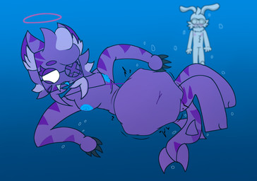 1_eye ambiguous_gender anthro being_watched belly big_belly blue_mouth blue_nipples blue_tongue blush bubble claws eyewear female female_pred finger_claws fur glasses glowing glowing_eyes goggles halo huge_belly looking_at_another navel nervous nipples no_pupils nude open_mouth partially_submerged pink_body pink_fur predator/prey purple_body purple_fur satisfied shark_tail shocked stripes swimming_goggles tongue toony underwater vore watching_from_afar water white_body white_eyes white_fur fantafur hip_(fantafur) lychee_(fantafur) angel aquatic felid fish hybrid lagomorph leporid mammal pantherine rabbit shark tiger hi_res line_art shaded