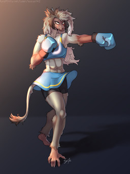 5_toes abs barefoot bodily_fluids boxing boxing_gloves clothing feet female fluffy fluffy_hair green_eyes hair handwear midriff muscular muscular_female punch smile smirk solo sport spread_toes sweat toes sosya142 trish_(fightinlove) trish_the_baboon baboon haplorhine mammal monkey old_world_monkey primate 2021 3:4 absurd_res digital_media_(artwork) hi_res
