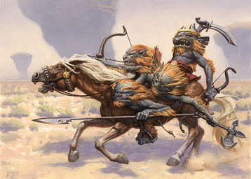 aiming ambiguous_gender arrow_(weapon) axe battle_axe beard bow_(weapon) bridle brown_body brown_fur crown facial_hair fangs feral fur galloping gold_(metal) grass group headgear holding_object holding_weapon knife male mane mardu melee_weapon outside plains plant polearm quiver_(object) ranged_weapon reins riding spear sword teeth weapon white_body white_fur mark_zug hasbro magic:_the_gathering wizards_of_the_coast equid equine goblin horse humanoid mammal official_art
