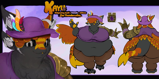 3_fingers 3_toes 4_ears anthro belly big_belly big_breasts black_arms black_belly black_body black_breasts black_claws black_feathers black_inner_ear black_legs black_sclera black_scutes black_tuft blue_body blue_feathers bottomwear breasts brown_bottomwear brown_clothing brown_pants chest_tuft claws clothed clothed_anthro clothed_female clothing color_swatch dipstick_tail electricity feather_hair feather_tuft feathered_wings feathers feet female female_anthro finger_claws fingers front_view furgonomic_headphones furgonomic_headwear furgonomics hair hair_over_eye hand_pawpads hat headgear headwear huge_belly huge_breasts lightning lightning_bolt lightning_tail looking_at_viewer markings mechanical_arm midriff multi_ear navel non-mammal_breasts non-mammal_navel obese obese_anthro obese_female orange_body orange_ears orange_feathers orange_wings overweight overweight_anthro overweight_female pants pawpads pseudo_hair purple_body purple_clothing purple_feathers purple_hat purple_headwear purple_shirt purple_topwear rear_view red_body red_feathers scuted_feet scuted_hands scutes shirt side_view solo tail tail_markings tan_body tan_feathers toe_claws toes topwear tuft white_eyes winged_arms wings yellow_body yellow_feathers yellow_mouth yellow_pawpads yellow_tail_tip gingerrey kayu_(wyldfyrteam) avali avian absurd_res bust_portrait hi_res portrait female_(lore)