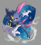 action_pose anthro asymmetrical_ears biped claws cosmic_background eye_scar facial_scar forehead_gem foreshortening fur gem open_mouth open_smile pose scar smile solo yellow_gem haychel nintendo pokemon generation_2_pokemon pokemon_(species) sneasel 2023 absurd_res hi_res