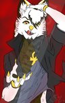 anthro clothed clothing fur hair looking_at_viewer male markings open_mouth simple_background smile solo 1andonlysolo goldomond canid canine canis mammal wolf 9:14 digital_media_(artwork)