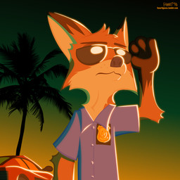 anthro car clothed clothing dipstick_ears dusk ear_markings eyewear gloves_(marking) male markings multicolored_ears orange_sky palm_tree plant police_badge sky solo sunglasses sunset supercar text tree vehicle fanartiguess disney zootopia fan_character canid canine fox mammal 1:1 2016 absurd_res hi_res signature url