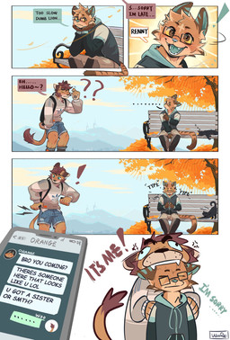 angry anthro autumn bench bite black_body black_fur blue_mouth bodily_fluids bottomwear clothing confusion dialogue electronics eyewear feral fur glasses greeting happy hoodie male message misgendering mountain phone saliva shorts sleeping text tired topwear typing wearing_glasses wind_turbine wooren orangeplayzz adidas orange_(orangeplayzz) wooren_(wooren) domestic_cat felid feline felis lion mammal pantherine comic english_text hi_res