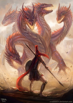 5_fingers 5_heads armor detailed_background duo extreme_size_difference feral fingers holding_melee_weapon holding_object holding_polearm holding_spear holding_weapon male melee_weapon membrane_(anatomy) membranous_wings multi_head open_mouth polearm quadruped red_body red_scales scales shield size_difference spear tail teeth weapon wings x-celebril-x european_mythology greek_mythology mythology dragon human hydra mammal mythological_creature mythological_scalie scalie western_dragon 2019 digital_media_(artwork)