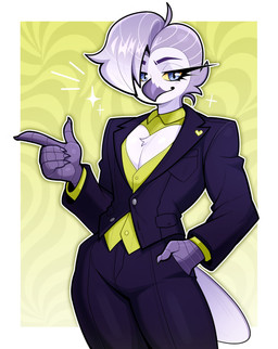 anthro beak blue_eyes bottomwear cleavage_cutout clothed clothed_male clothing cutout feathers femboy front_view fully_clothed fully_clothed_male grey_hair hair hand_on_hip male pants scuted_arms scutes smile solo standing suit suit_vest tail tail_feathers budoti dominic_(budoti) avian barred_owl bird owl strix_(genus) true_owl absurd_res hi_res