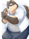 anthro belly blush eyebrows facial_scar fur grey_body grey_fur lying male navel_outline on_side overweight scar sleeping solo thick_eyebrows higa1232 lifewonders tokyo_afterschool_summoners moritaka_(tas) canid canine canis domestic_dog mammal absurd_res hi_res