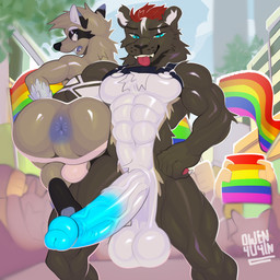 abs anthro anus balls big_balls big_butt big_penis big_top_small_bottom blue_anus blue_ear_tips blue_ears blue_eyes blue_penis blue_tongue butt clothing dipstick_ears duo ear_markings genitals hair harness hyper jockstrap lgbt_pride male male/male melanistic multicolored_ears muscular muscular_anthro muscular_male penis pride pride_color_flag pride_colors red_hair saggy_balls scaled_hands size_difference tattoo thick_thighs tongue underwear vein veiny_penis wide_hips owenyuyin lgbt_pride_month mythology rivets_(rivetstheblue) zephyr_(rivetstheblue) dragon felid hybrid leopard mammal mythological_creature mythological_scalie pantherine procyonid raccoon scalie 1:1 absurd_res hi_res
