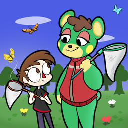 4_fingers ambiguous_gender antennae_(anatomy) anthro arms_bent black_clothing black_eyes black_shirt black_t-shirt black_topwear blue_sky blue_wings brown_eyes brown_hair brown_nose butterfly_net cheek_spots closed_smile clothed clothed_anthro clothed_female clothed_human clothed_male clothing cloud day detailed_background eye_contact eyebrow_through_hair eyebrows eyelashes female female_anthro feral fingers flower flying fully_clothed fully_clothed_human fully_clothed_male fur grass green_body green_fur green_tail group hair half-closed_eyes holding_butterfly_net insect_wings jacket larger_anthro larger_female lepidopteran_wings light looking_at_another male male_human markings mouth_closed multicolored_body multicolored_fur narrowed_eyes net no_eyebrows no_pupils orange_wings outside pink_eyelids plant red_clothing red_flower red_jacket red_nose red_topwear shirt short_hair size_difference sky sleeveless_jacket slim_human slim_male smaller_ambiguous smaller_feral smaller_human smaller_male smile smiling_at_another standing t-shirt tail tan_body tan_skin thin_eyebrows topwear translucent translucent_hair tree triangle_nose white_flower wings yellow_flower yellow_inner_ear yellow_markings yellow_wings cookieboy011 animal_crossing nintendo charlise_(animal_crossing) villager_(animal_crossing) arthropod bear butterfly human insect lepidopteran mammal 2019 colored digital_drawing_(artwork) digital_media_(artwork) english_description lighting story story_in_description