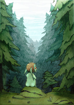 butt female forest green_body green_skin grey_sky hair moss nude outside plant pointy_ears raining red_eyes sitting sitting_on_ground sky solo spruce tree wet wet_body wet_hair greenbuncafe goblin humanoid mammal absurd_res colored digital_drawing_(artwork) digital_media_(artwork) hi_res shaded signature