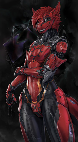 5_fingers anthro cybernetics fingers fur hair machine male red_body red_fur red_hair smile solo standing tail rakisha vyruem android gremlin robot robot_anthro 2019 digital_media_(artwork) hi_res
