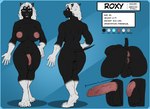 5_fingers anthro anus areola backsack balls big_breasts biped black_body black_fur blue_eyes breasts butt claws color_swatch cropped_ears ear_piercing erection eyebrows facial_piercing fingers foreskin fur genital_piercing genitals glans hair herm humanoid_genitalia humanoid_penis intersex muscular muscular_intersex nipples nose_piercing penis penis_piercing perineum piercing pussy solo tail text gewitter roxy_(copperthepit) american_pit_bull canid canine canis domestic_dog mammal pit_bull 2023 absurd_res english_text hi_res model_sheet
