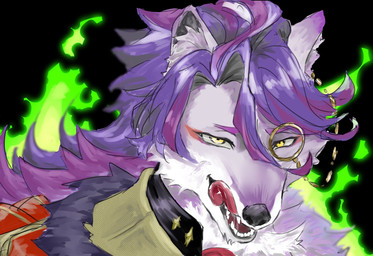 anthro clothing colored_fire eyewear fancy_clothing fire fur green_fire hair licking licking_lips looking_at_viewer male monocle multicolored_body multicolored_fur open_mouth purple_body purple_fur purple_hair simple_background solo teeth tongue tongue_out topwear two_tone_body two_tone_fur white_body white_fur yellow_eyes 23151h16 compass_(combat_providence_analysis_system) charles_richter_(compass) canid canine canis mammal wolf 2026 hi_res
