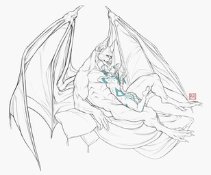 abs animal_genitalia anthro bat_ears bat_wings biped breasts butt claws duo female female_humanoid female_on_anthro genitals hair half-erect humanoid_on_anthro humanoid_pointy_ears long_hair looking_at_another lying lying_on_another male male/female male_anthro male_on_humanoid markings membrane_(anatomy) membranous_wings mouth_closed muscular muscular_anthro muscular_male nude on_back overbite pecs penis pillow pointy_ears ponytail simple_background size_difference smile teeth wing_claws wings bubblyred bat elf humanoid mammal 2021 hi_res line_art